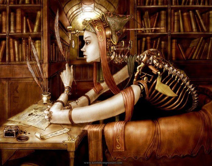Amazing Art Nouveau fantasy illustration by Keith Thompson of a steampunk robot librarian with a beautiful face