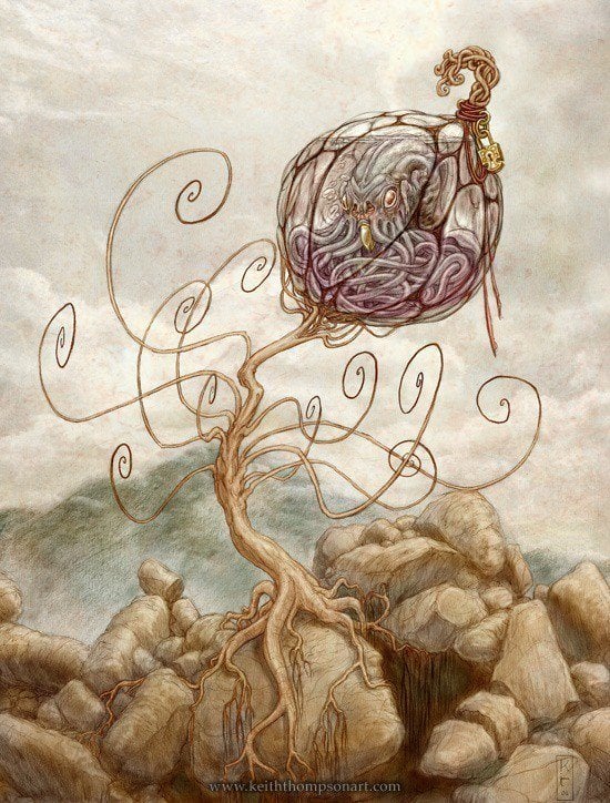 Amazing Art Nouveau fantasy illustration by Keith Thompson of a tree on an alien planet housing an octopus out of water