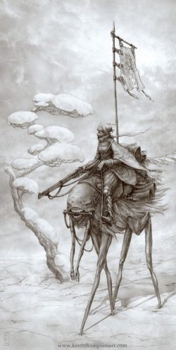 Amazing Art Nouveau fantasy illustration by Keith Thompson of an alien warrior riding a giant flea