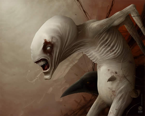Photoshop horror painting by the digital master of the macabre Anton Semenov, crow and her pet monster