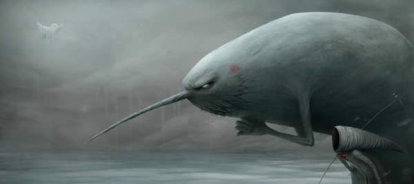 Photoshop horror painting by the digital master of the macabre Anton Semenov. Narwhal from hell.