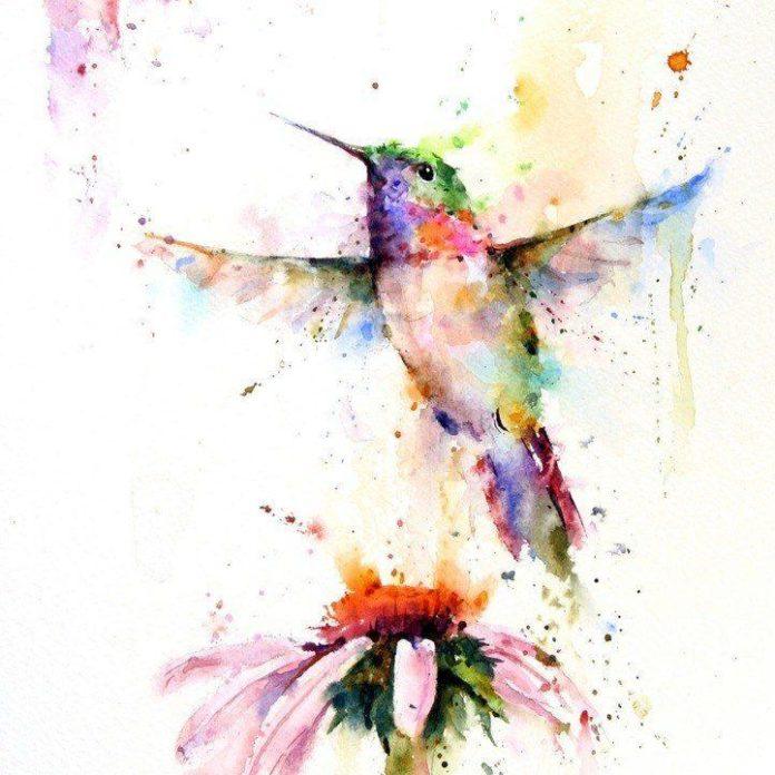 Simply stunning watercolor painting of a flying hummingbird and flower by splashy artist Dean Crouser
