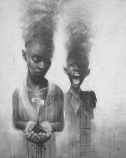 A painting by the artist SIT of two African girls holding a lily and dissipating into smoke