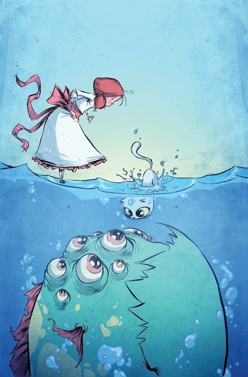 skottie young art illustration of a little girl and her cat discovering a sea monster from a fantasy childrens story