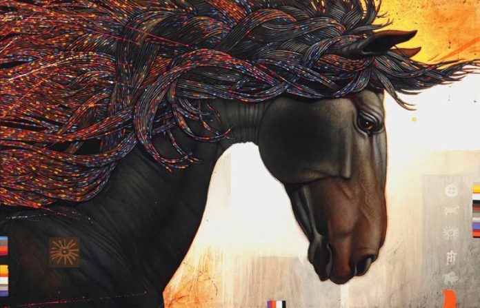 A Craig Kosak painting of a horse totem animal with an artistic mane