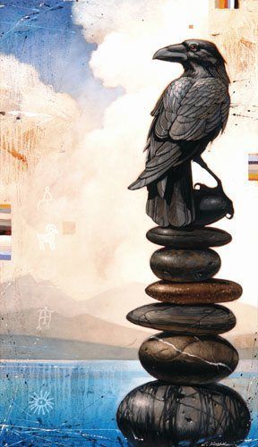 A Craig Kosak painting of a raven totem animal perched on a stack of stones