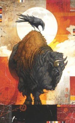 A Craig Kosak painting of the native american totem animals, bison and raven