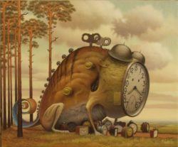 A Jacek Yerka surrealist fantasy painting of the guardian of time and his henchmen clocks