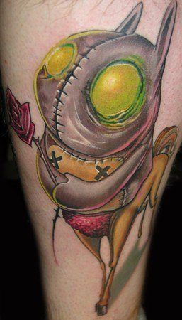 A Luca Natalini surrealist tattoo of a craola character holding a rose