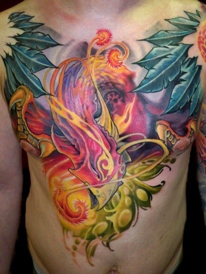A Luca Natalini surrealist tattoo of a pheonix flying through an alien jungle