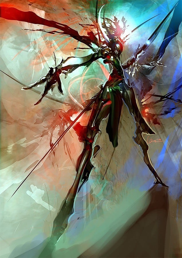 A digital painting by computer artist Chris Newman of an organic android woman