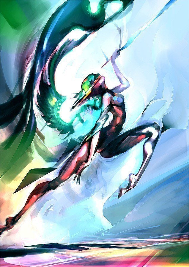 A digital painting by computer artist Chris Newman that combines anime and abstract art