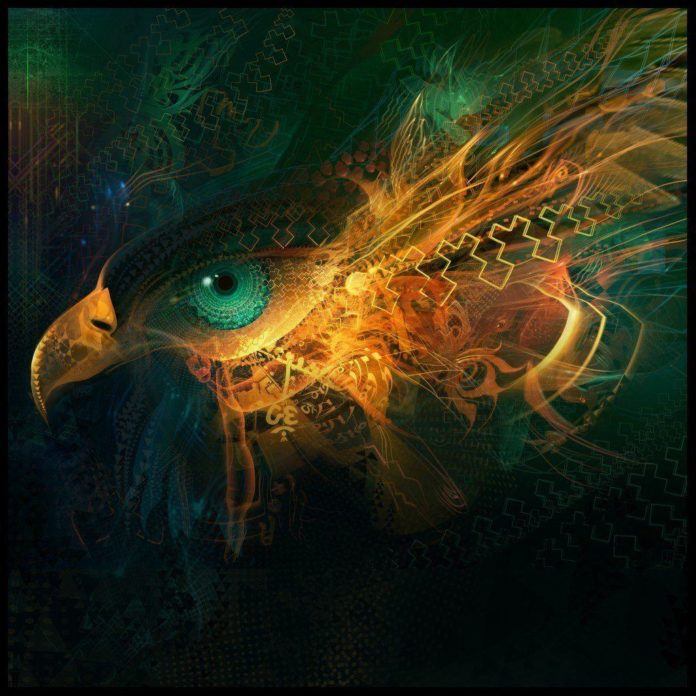 A psychedelic and surreal Photoshop painting by digital artist Andy android Jones of an eagle
