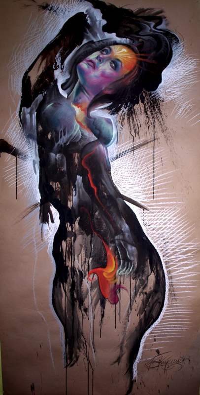 A beautiful nude woman portrayed in paint by abstract and surrealist artist Jakub Kujawa
