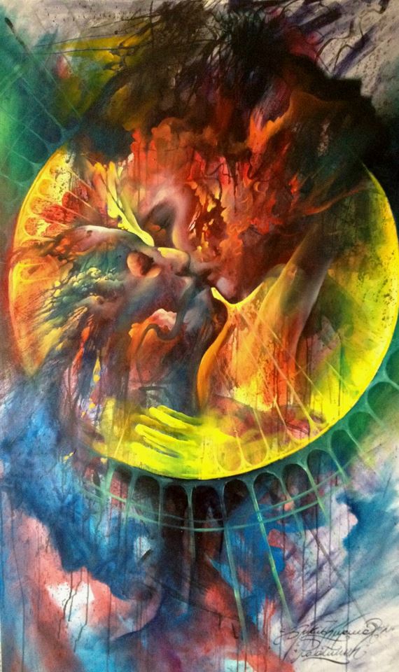 A fine art painting by Jakub Kujawa of a romantic couple kissing