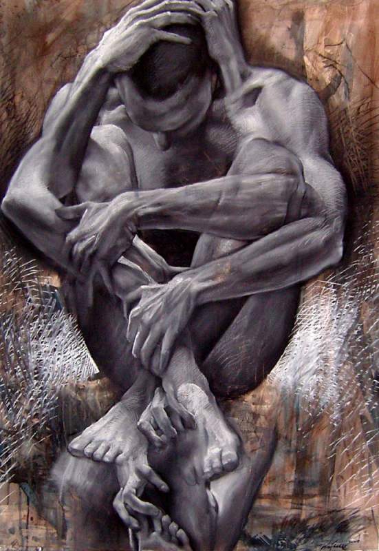 A fine art painting by Jakub Kujawa that shows a man curled into a fetal position with his arms in different positions