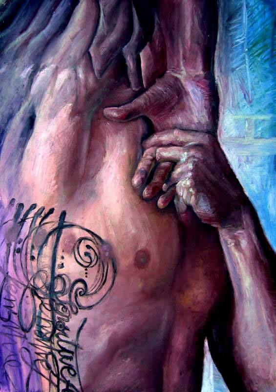 A fine art painting of a topless tattooed guy by Jakub Kujawa with a futurist style