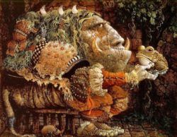 A funny fantasy and surrealism painting by James Christensen of a beast with a toad