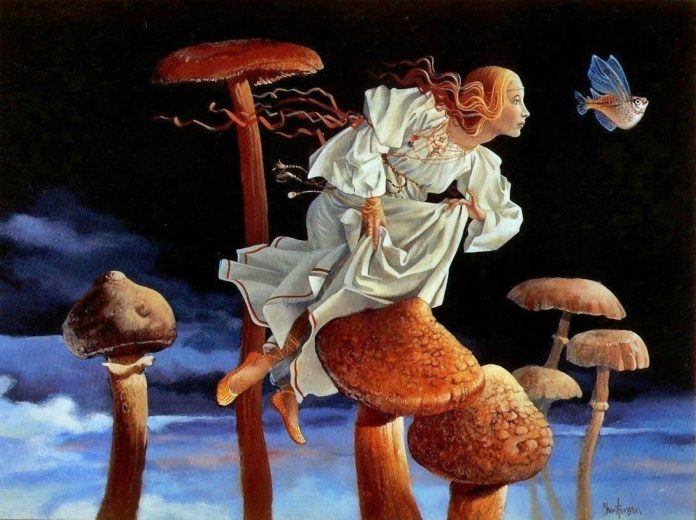 A funny fantasy and surrealism painting by James Christensen of an angel following a flying fish through a forest of mushrooms