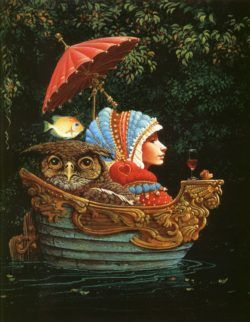 A funny fantasy and surrealism painting by James Christensen of an elf girl in a boat with an owl and a flying fish