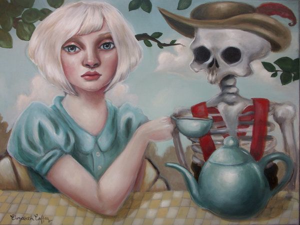 A pop surrealism fine art painting by Elizabeth Caffey of Alice and the mad hatter at the tea party