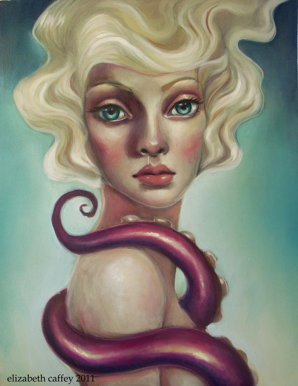 A pop surrealism fine art painting by Elizabeth Caffey of a beautiful blonde woman wrapped in octopus tentacles