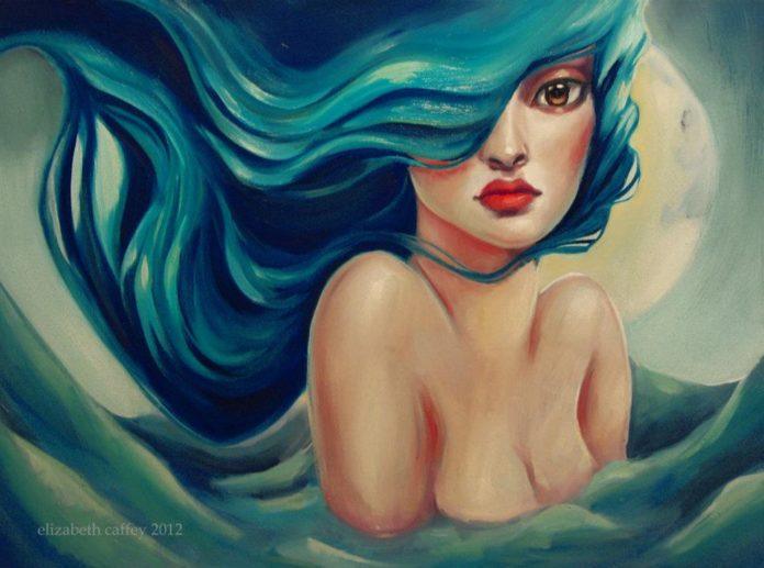 A pop surrealism fine art painting by Elizabeth Caffey of a beautiful mermaid girl with blue hair