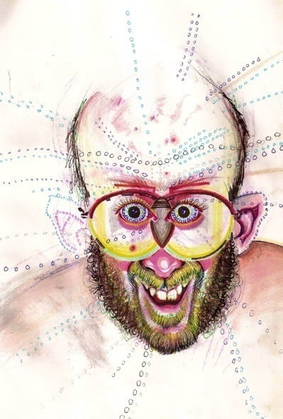 A self-portrait on drugs by Brian Lewis Saunders while under the influence of magic mushrooms