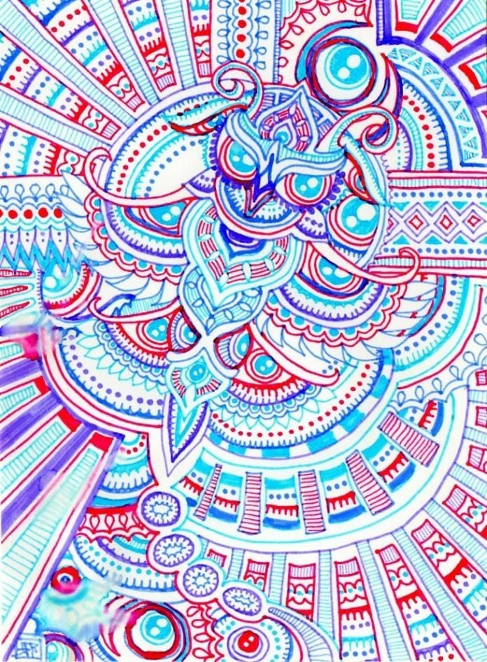 A trippy psychedelic drawing by Japanese artist Lutamesta of a moth in patterned paisley designs