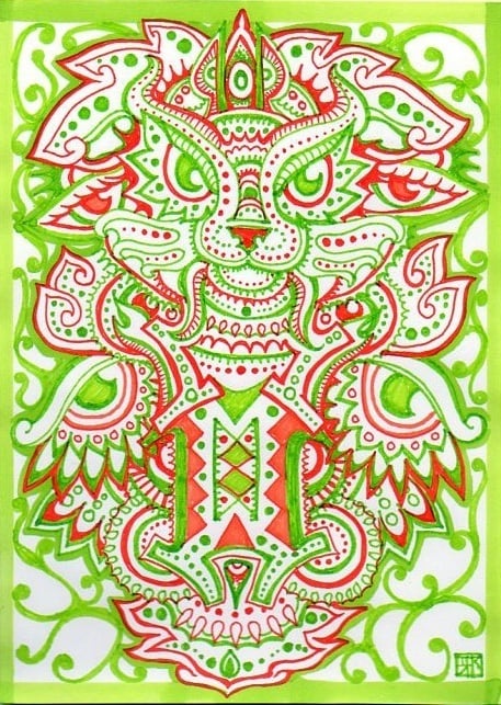 A trippy psychedelic drawing by Japanese artist Lutamesta of a tribal cat in red and green surrounded by paisley patterns