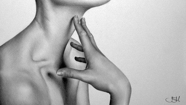 An amazing photorealistic pencil drawing by Ileana Hunter of a nude woman touching her throat