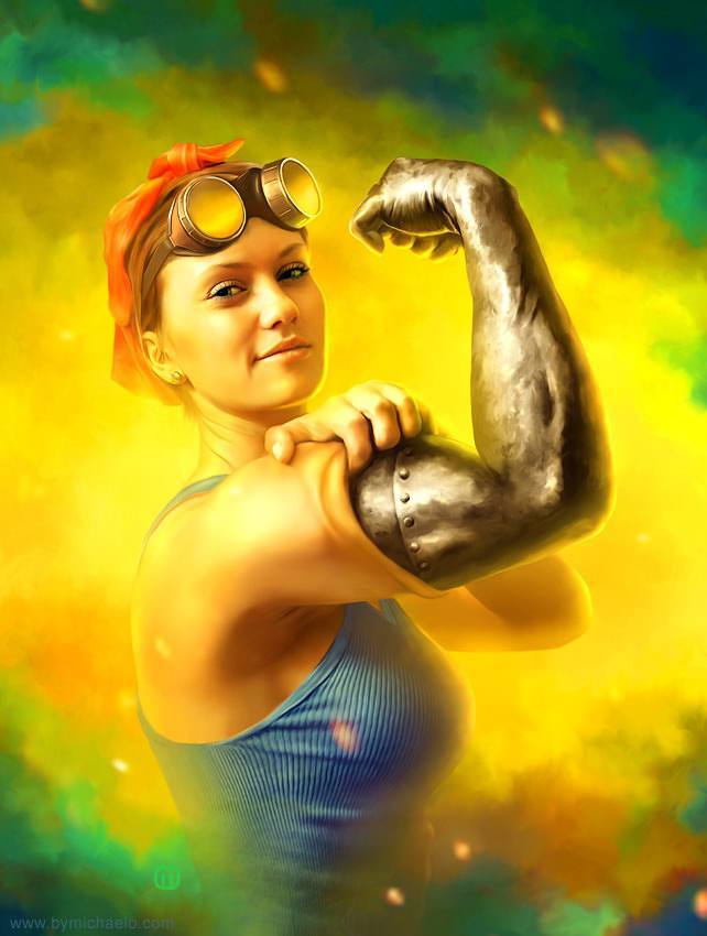 A Michael Oswald digital painting of a sexy steampunk muscle girl