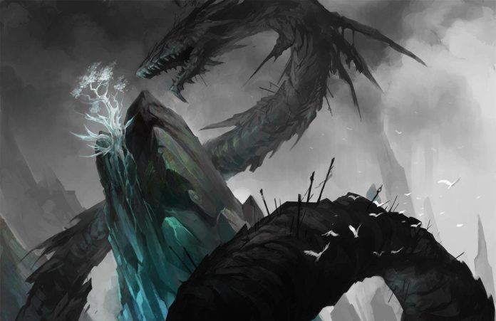 A digital fantasy painting by Sandara of a rock dragon eating a crystal tree