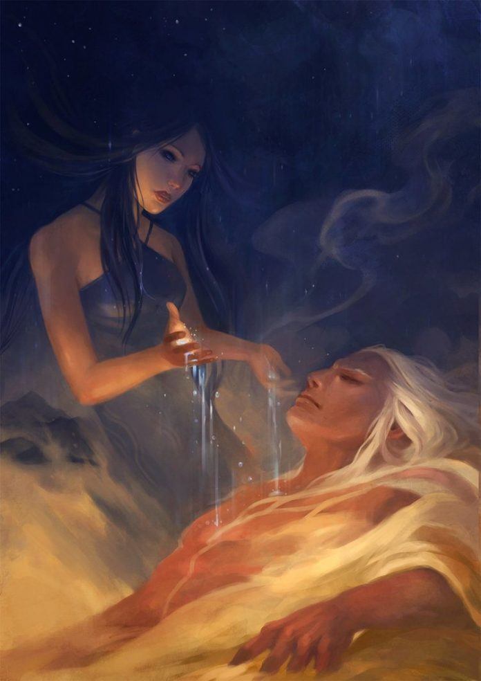 A digital painting by computer artist Sandara of the goddess of rain watering the god of the desert