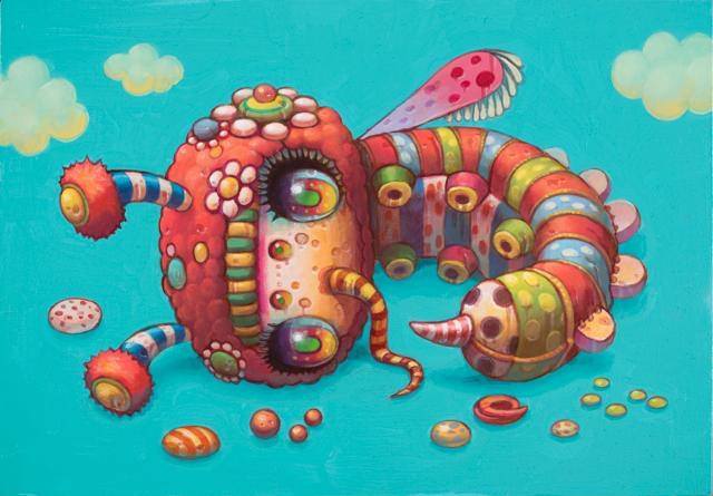 A psychedelic pop surrealism painting by Yoko D’Holbachie of a cute alien insect creature