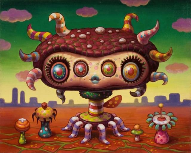 A psychedelic pop surrealism painting by Yoko D’Holbachie of a cute alien with four eyes