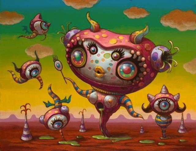 A psychedelic pop surrealism painting by Yoko D’Holbachie of a cute and feminine alien creature