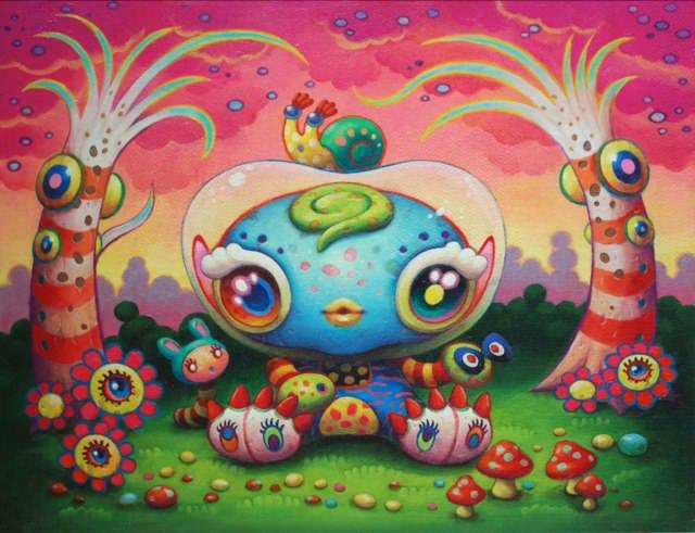 A psychedelic pop surrealism painting by Yoko D’Holbachie of a cute character with big eyes
