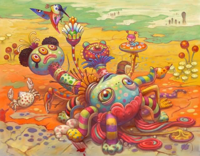 A psychedelic pop surrealism painting by Yoko D’Holbachie of a doll lying in a desert