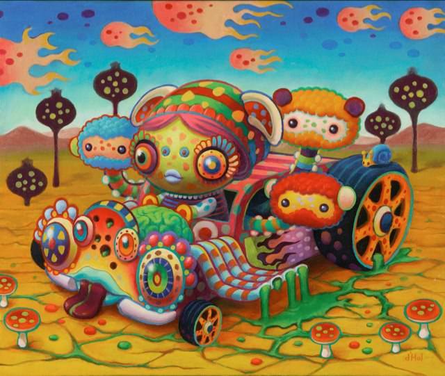A psychedelic pop surrealism painting by Yoko D’Holbachie of a trippy car filled with cute creatures