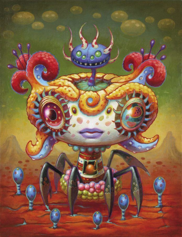 A psychedelic pop surrealism painting by Yoko D’Holbachie of an insect alien creature with trippy eyes