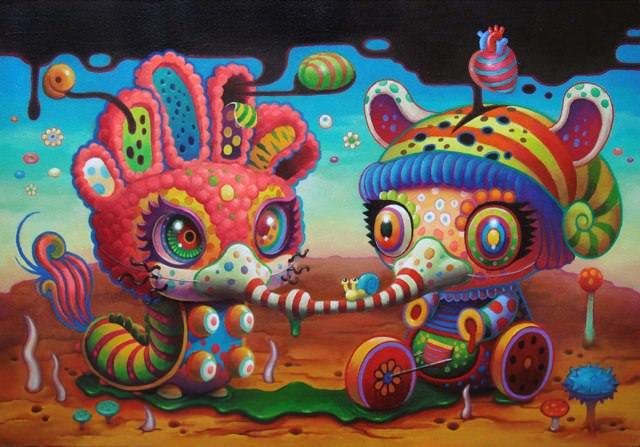 A psychedelic pop surrealism painting by Yoko D’Holbachie of two cute and trippy characters joined by gas masks
