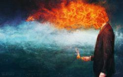 A surreal photoshop painting by Mario S. Nevado of a man whose head is on fire