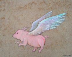 A visual pun graffiti art work drawn in chalk by Dvaid Zinn called Swine Flew