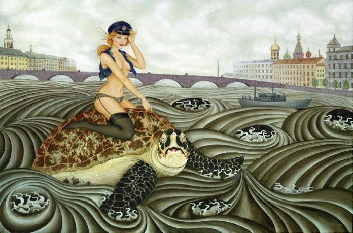 An acrylic on canvas painting of a sexy girl in a cop uniform riding a giant turtle by artist Solongo Monkhooroi