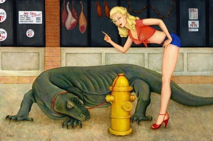An acrylic on canvas painting of a sexy woman and a giant iguana lizard in a butchery by Solongo Monkhooroi