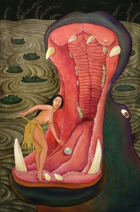 An acrylic on canvas painting of a woman fetching a pearl from a hippos mouth by Solongo Monkhooroi
