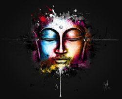 Murciano digital painting of the buddha listening to electro and trance music