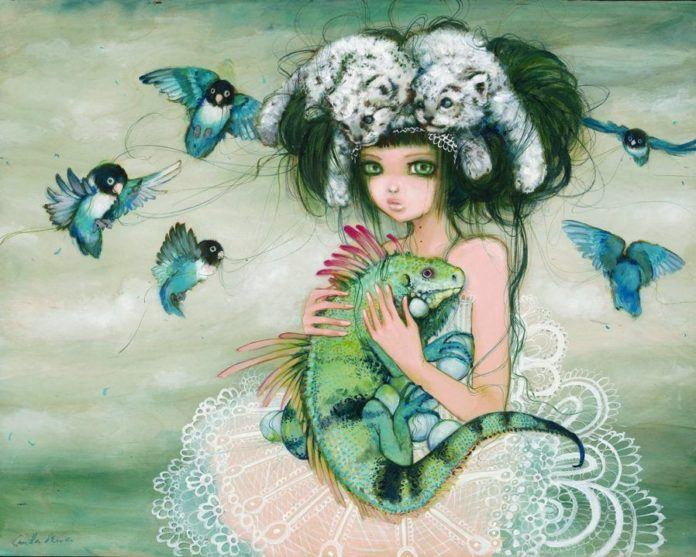 A beautiful girl holds an iguana in this manga painting by Camilla Derrico