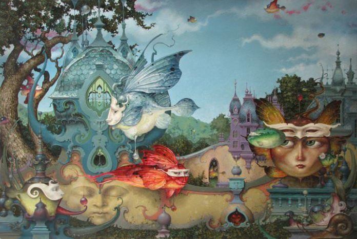 A fantasy surrealist painting by David Merriam of a surrealist fantasy realm with butterfly winged creatures